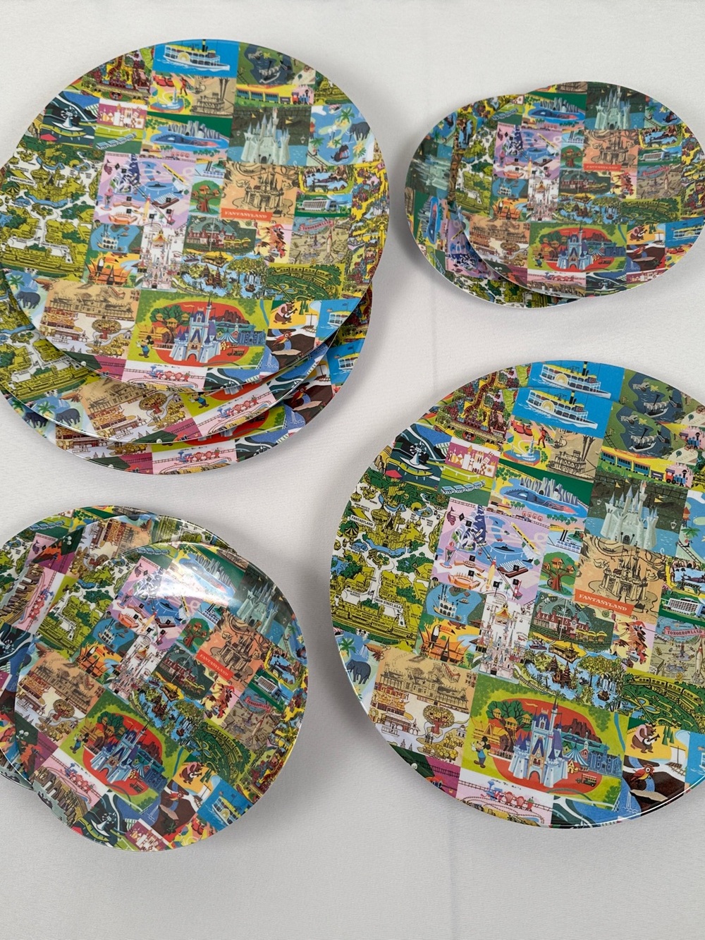 10 Disney Vintage Map EUC White Melamine Plates with Castle Logo
